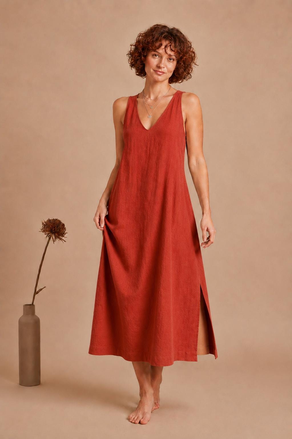 Handmade Linen Maxi Dress, Sleeveless A-Line with Pockets, Minimalist Summer Style