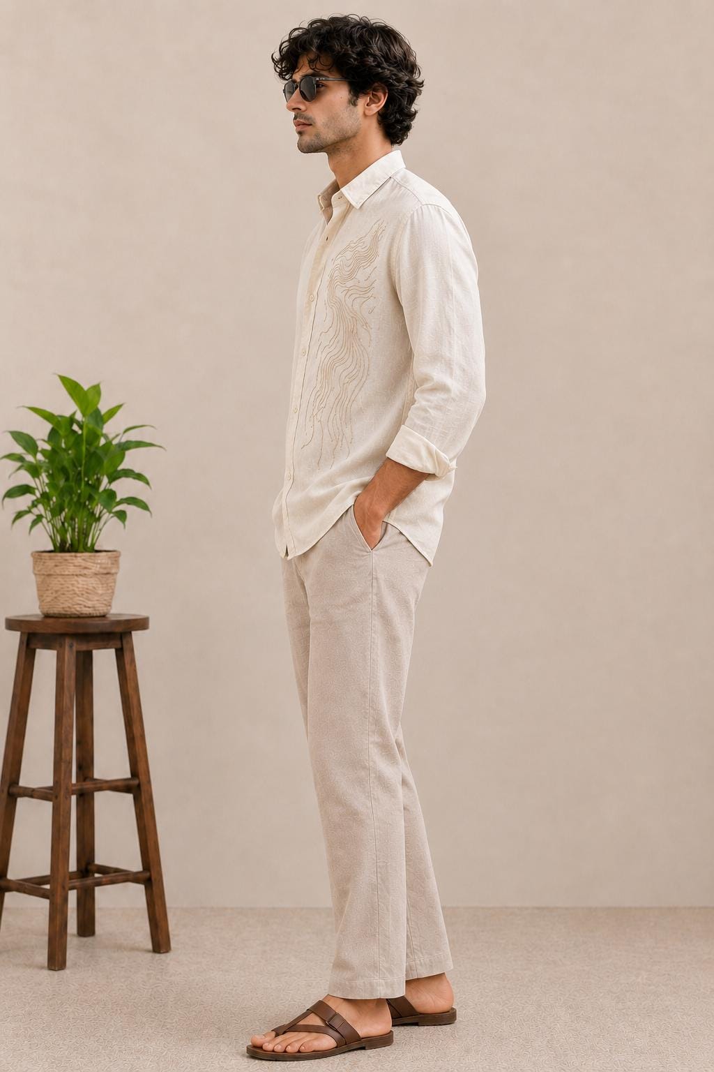 Hand Embroidered Cotton Linen Shirt, Beige Casual Button Down, Resort Wedding Wear