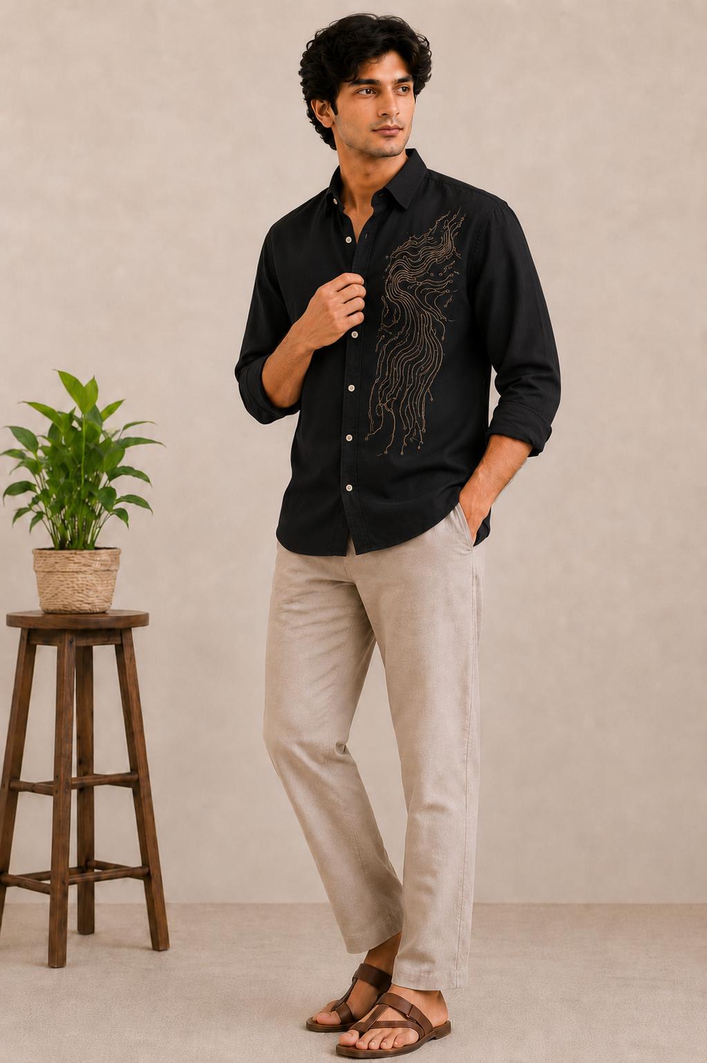 Hand Embroidered Cotton Linen Shirt, Beige Casual Button Down, Resort Wedding Wear