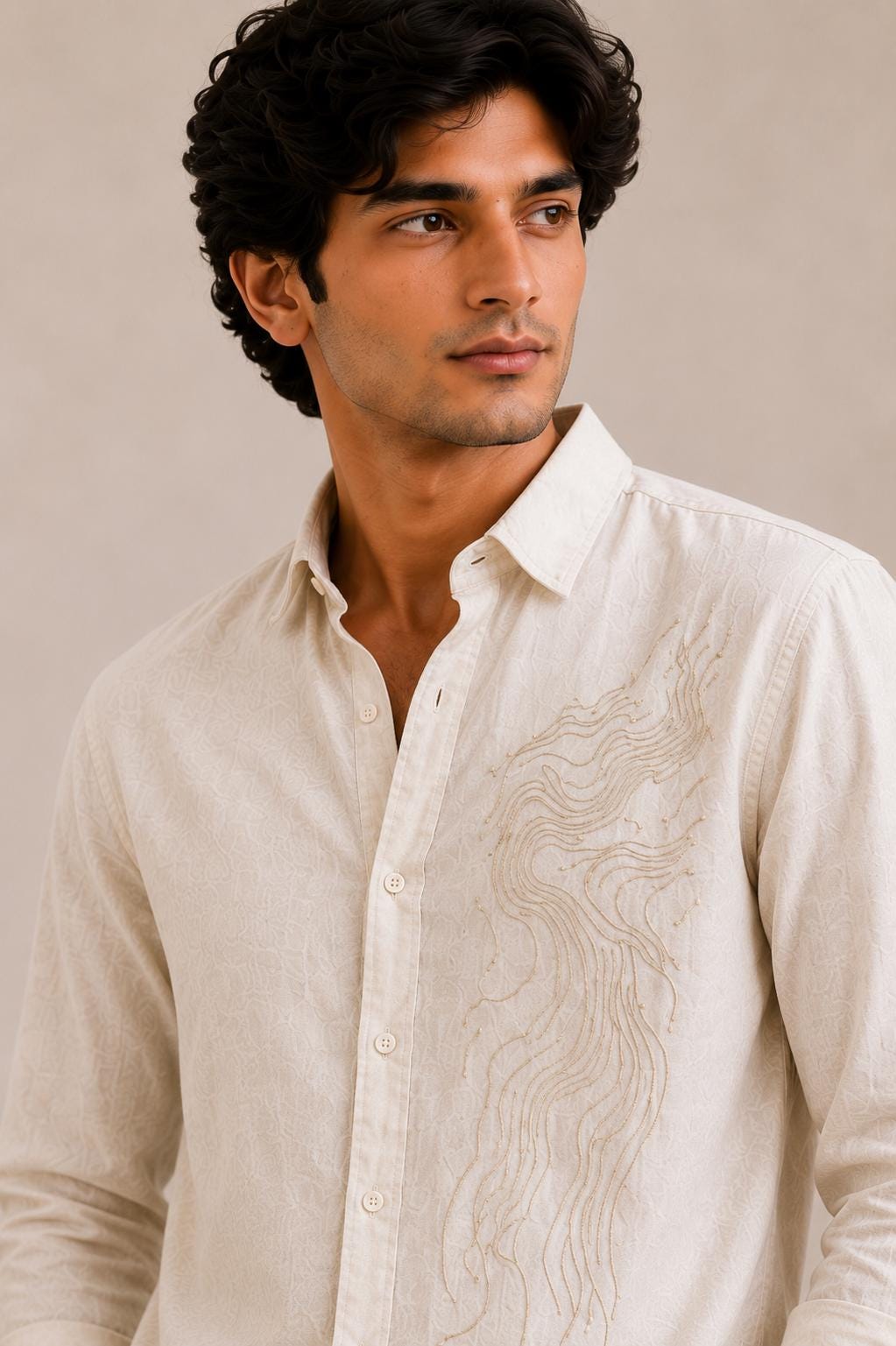 Hand Embroidered Cotton Linen Shirt, Beige Casual Button Down, Resort Wedding Wear