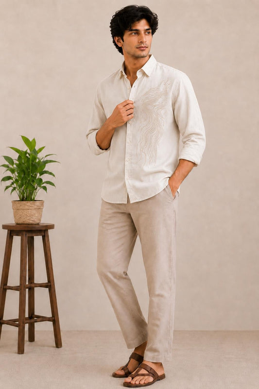 Hand Embroidered Cotton Linen Shirt, Beige Casual Button Down, Resort Wedding Wear