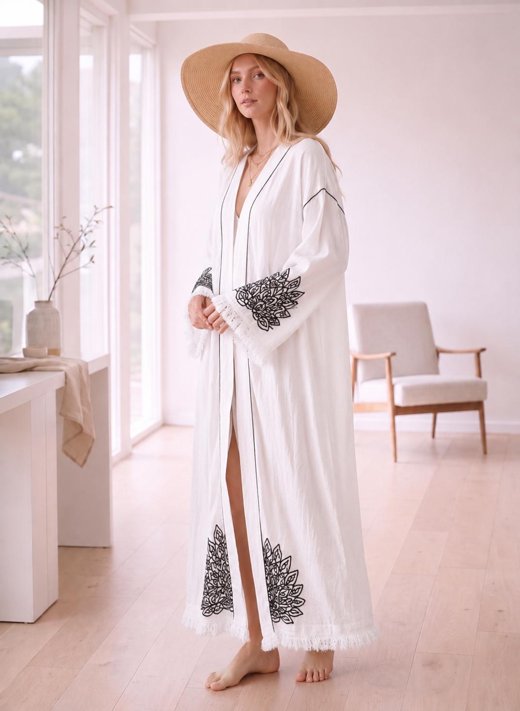 White Embroidered Linen Cotton Kimono Robe, Black Floral Boho Maxi Kaftan