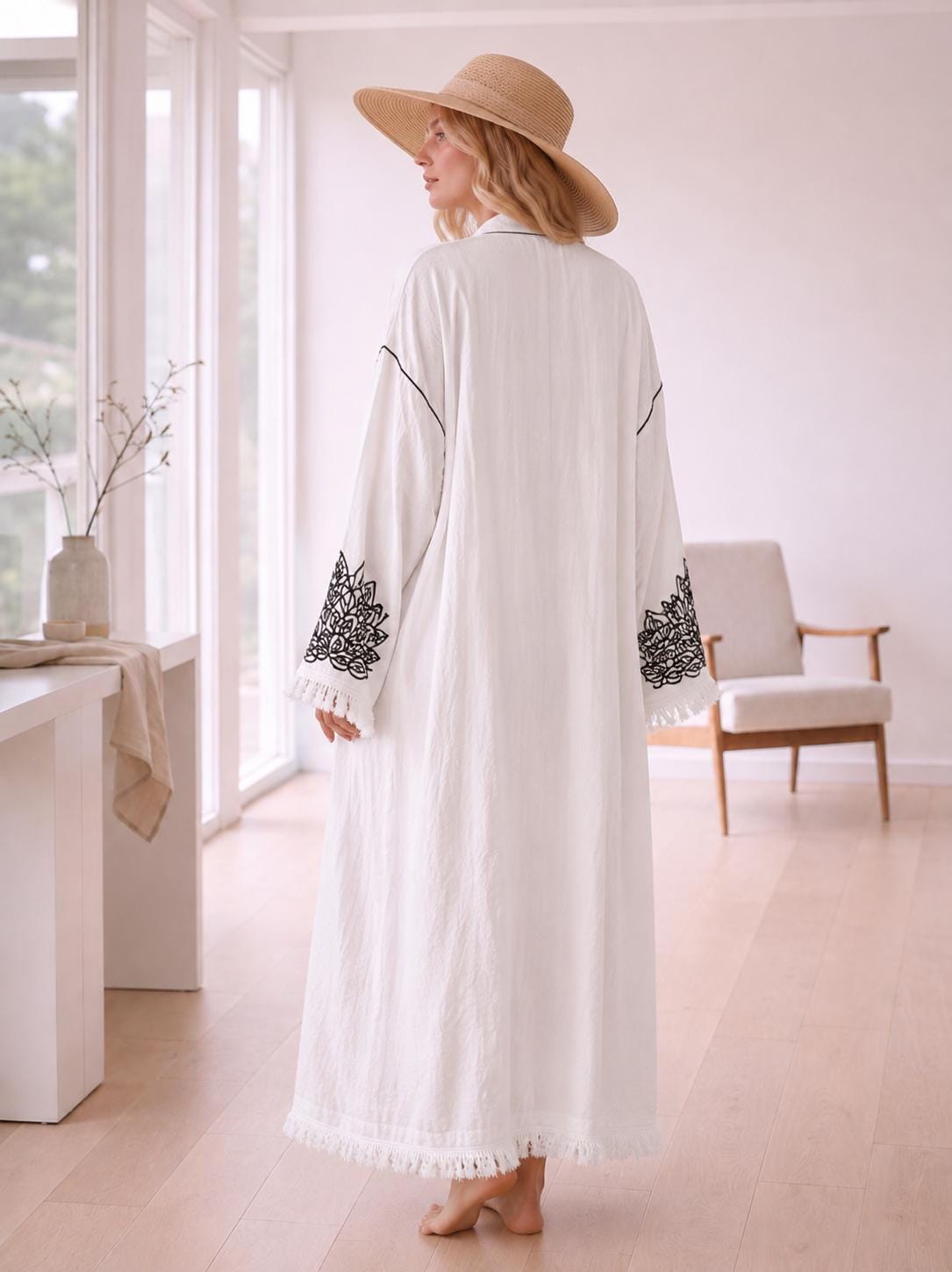 White Embroidered Linen Cotton Kimono Robe, Black Floral Boho Maxi Kaftan