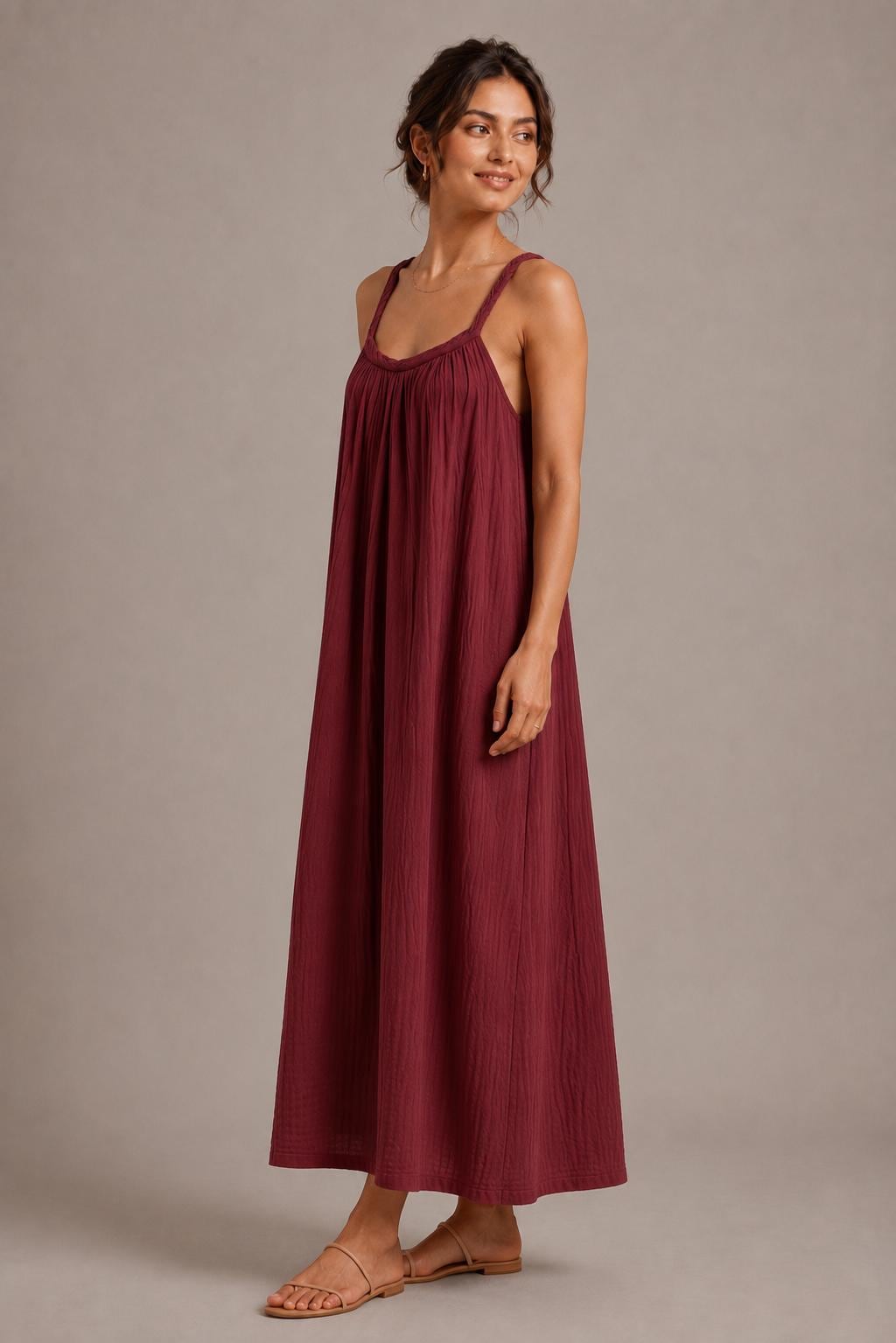 Cotton Gauze Maxi Dress, Braided Straps, Relaxed Fit, Handmade Summer Resort Wear