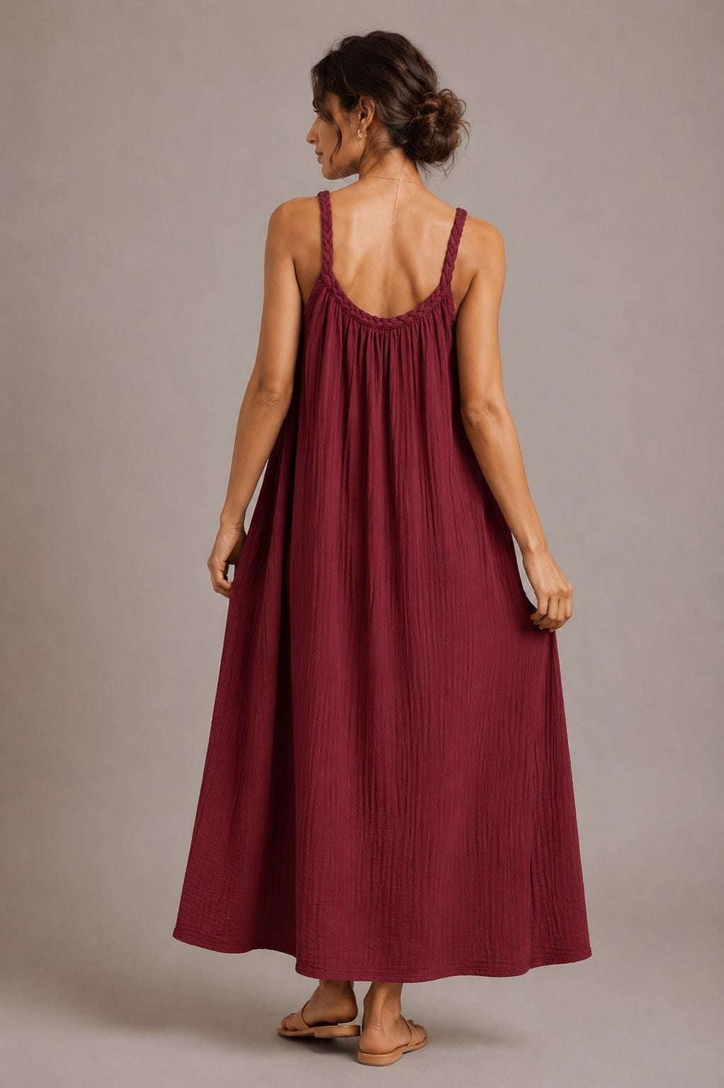 Cotton Gauze Maxi Dress, Braided Straps, Relaxed Fit, Handmade Summer Resort Wear