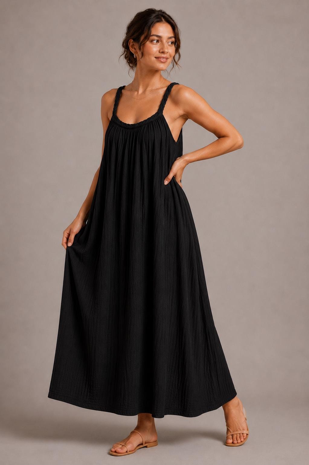Cotton Gauze Maxi Dress, Braided Straps, Relaxed Fit, Handmade Summer Resort Wear