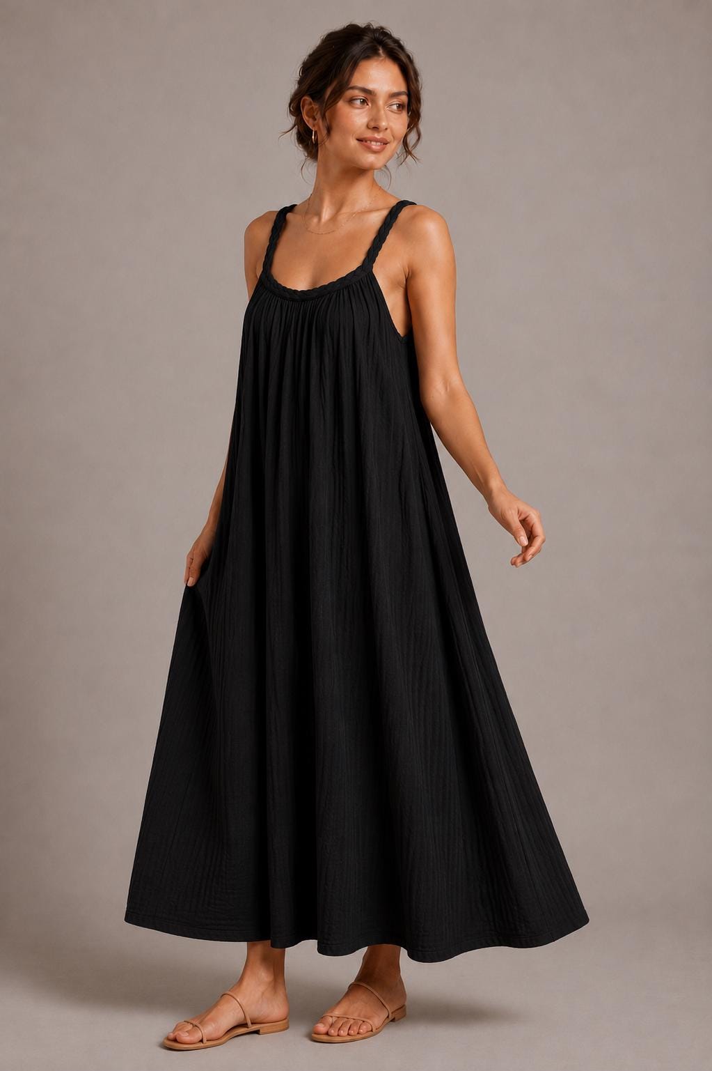 Cotton Gauze Maxi Dress, Braided Straps, Relaxed Fit, Handmade Summer Resort Wear
