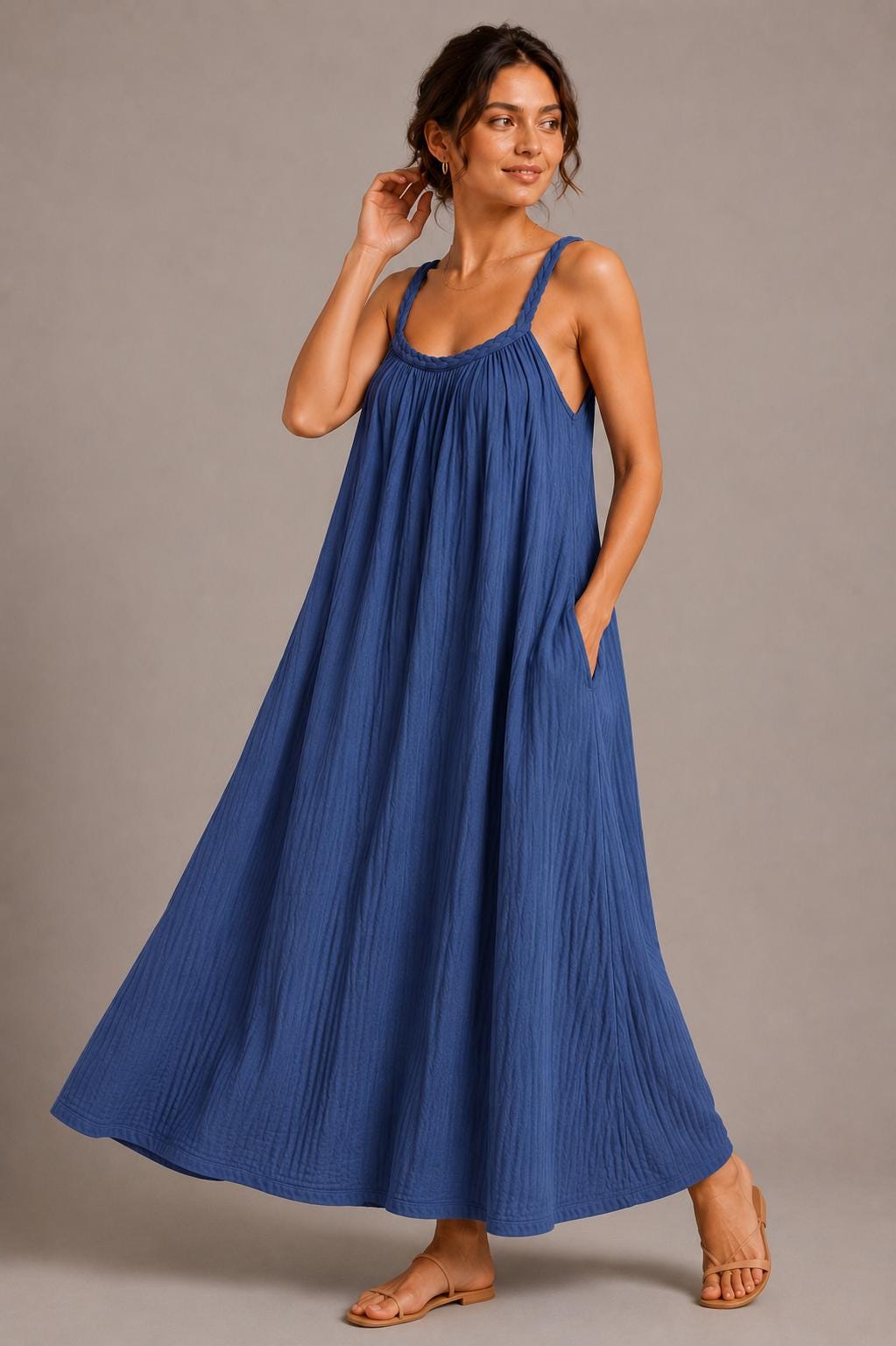 Cotton Gauze Maxi Dress, Braided Straps, Relaxed Fit, Handmade Summer Resort Wear