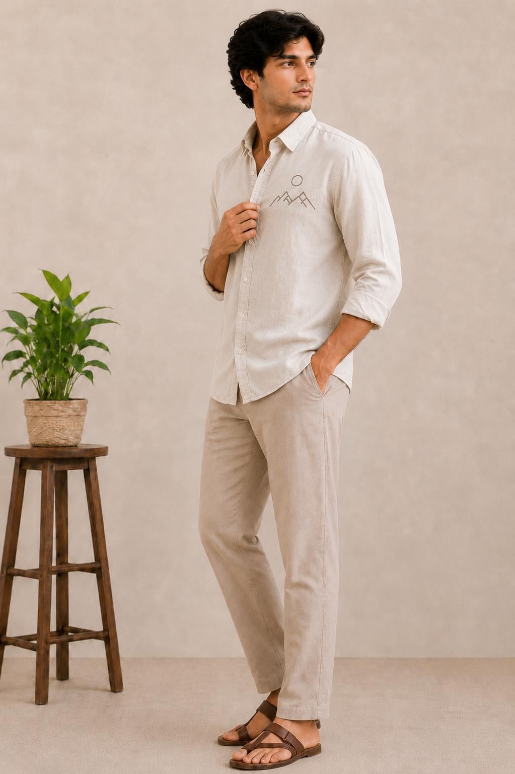 Men's Linen Blend Shirt, Minimalist Mountain Embroidery Button Down, Vacation Top