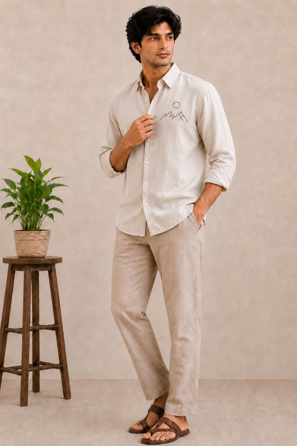 Men's Linen Blend Shirt, Minimalist Mountain Embroidery Button Down, Vacation Top