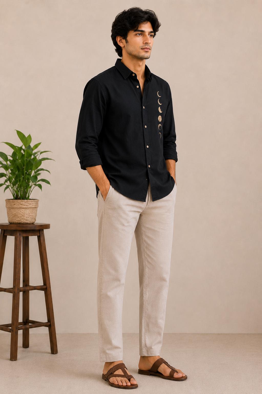 Black Linen Blend Moon Phase Embroidered Button Down Shirt, Celestial Boho Resort Wear