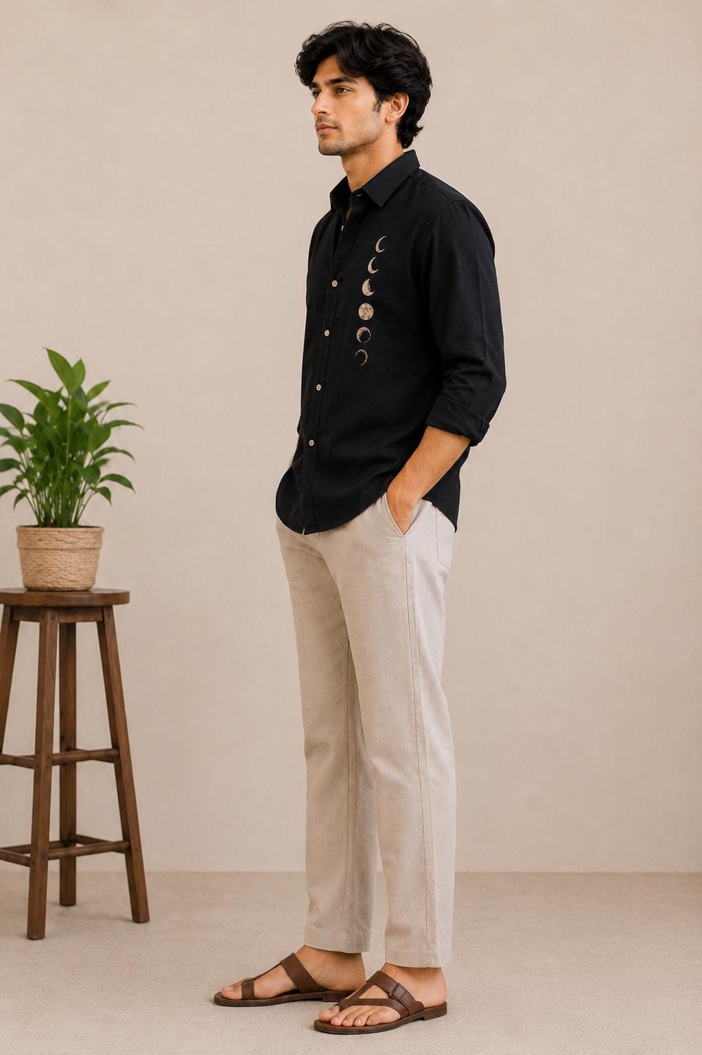 Black Linen Blend Moon Phase Embroidered Button Down Shirt, Celestial Boho Resort Wear