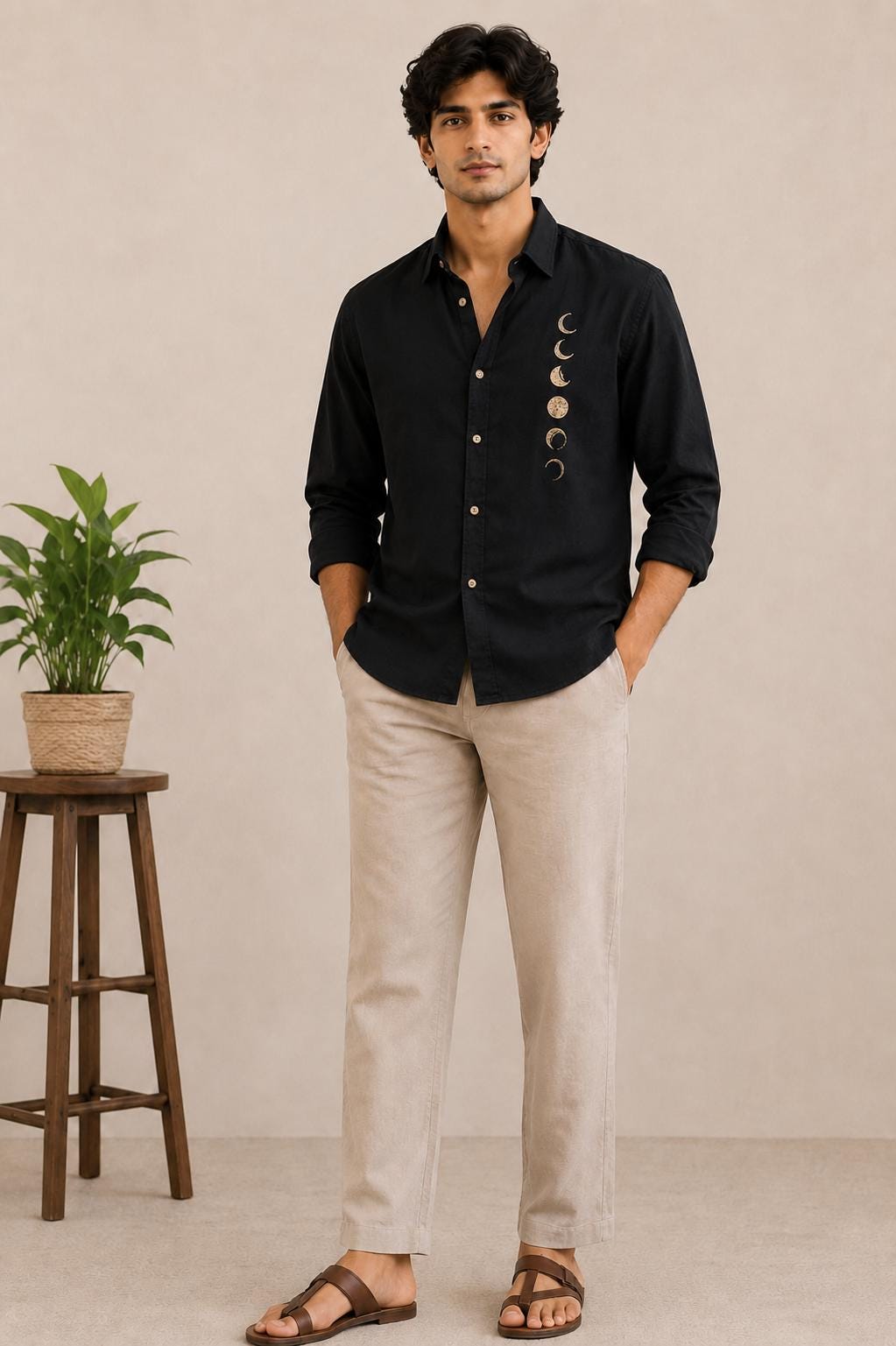 Black Linen Blend Moon Phase Embroidered Button Down Shirt, Celestial Boho Resort Wear