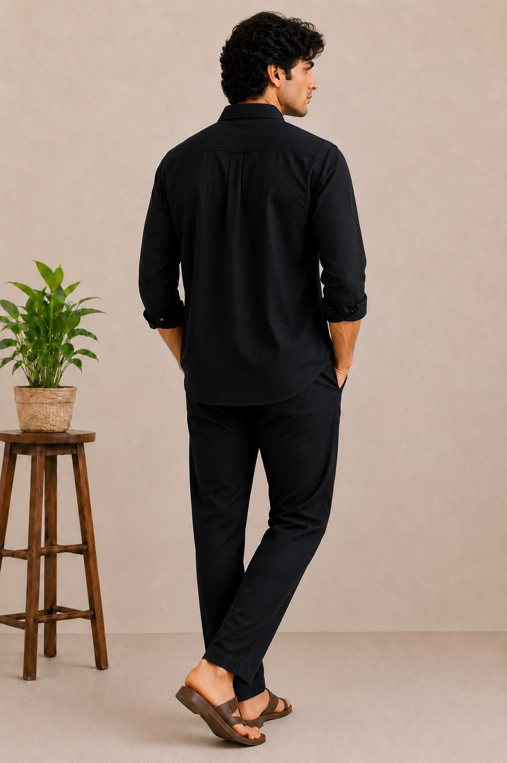 Black Cotton Shirt, Minimalist Geometric Wolf Embroidery, Casual Streetwear Button Down