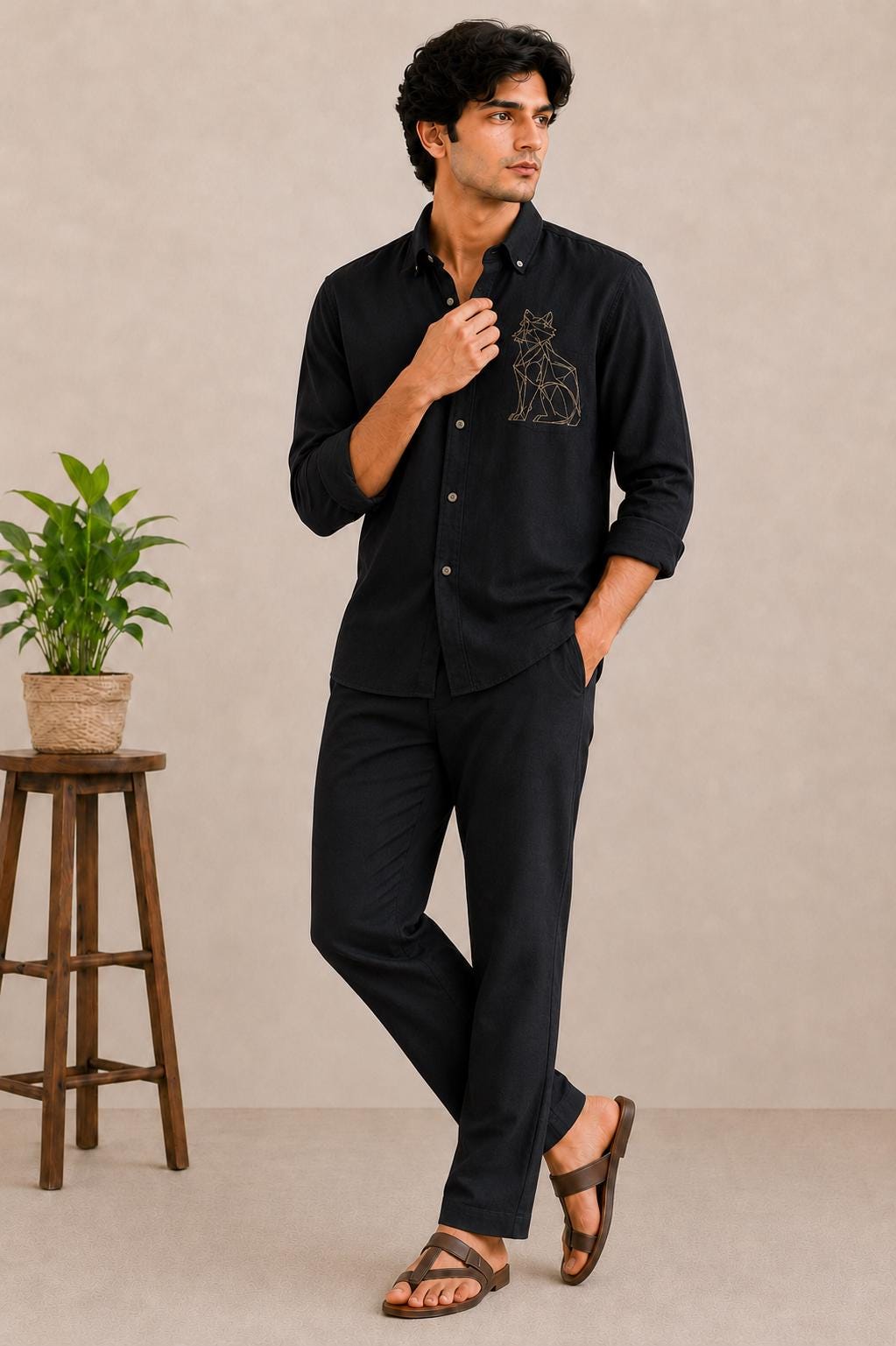 Black Cotton Shirt, Minimalist Geometric Wolf Embroidery, Casual Streetwear Button Down