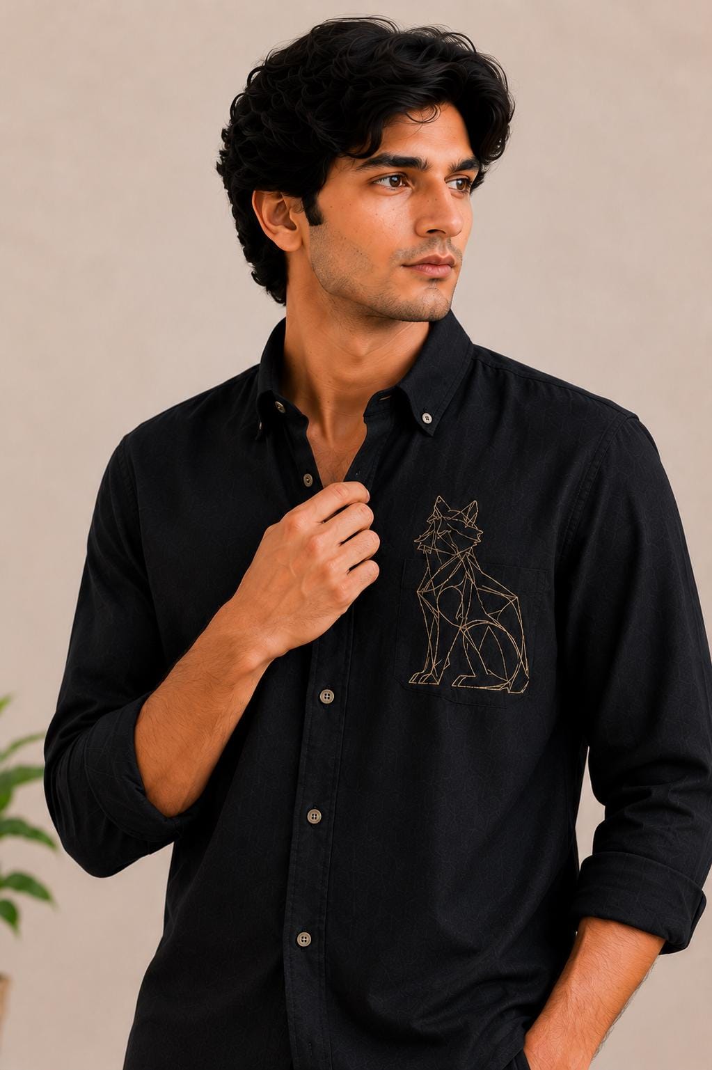 Black Cotton Shirt, Minimalist Geometric Wolf Embroidery, Casual Streetwear Button Down