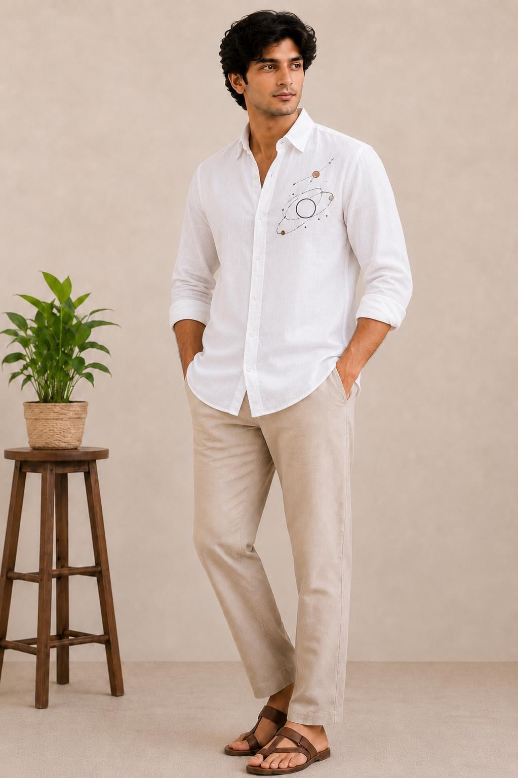 Mens White Linen Shirt, Galaxy Embroidery, Casual Button-Up, Summer Beach Wear