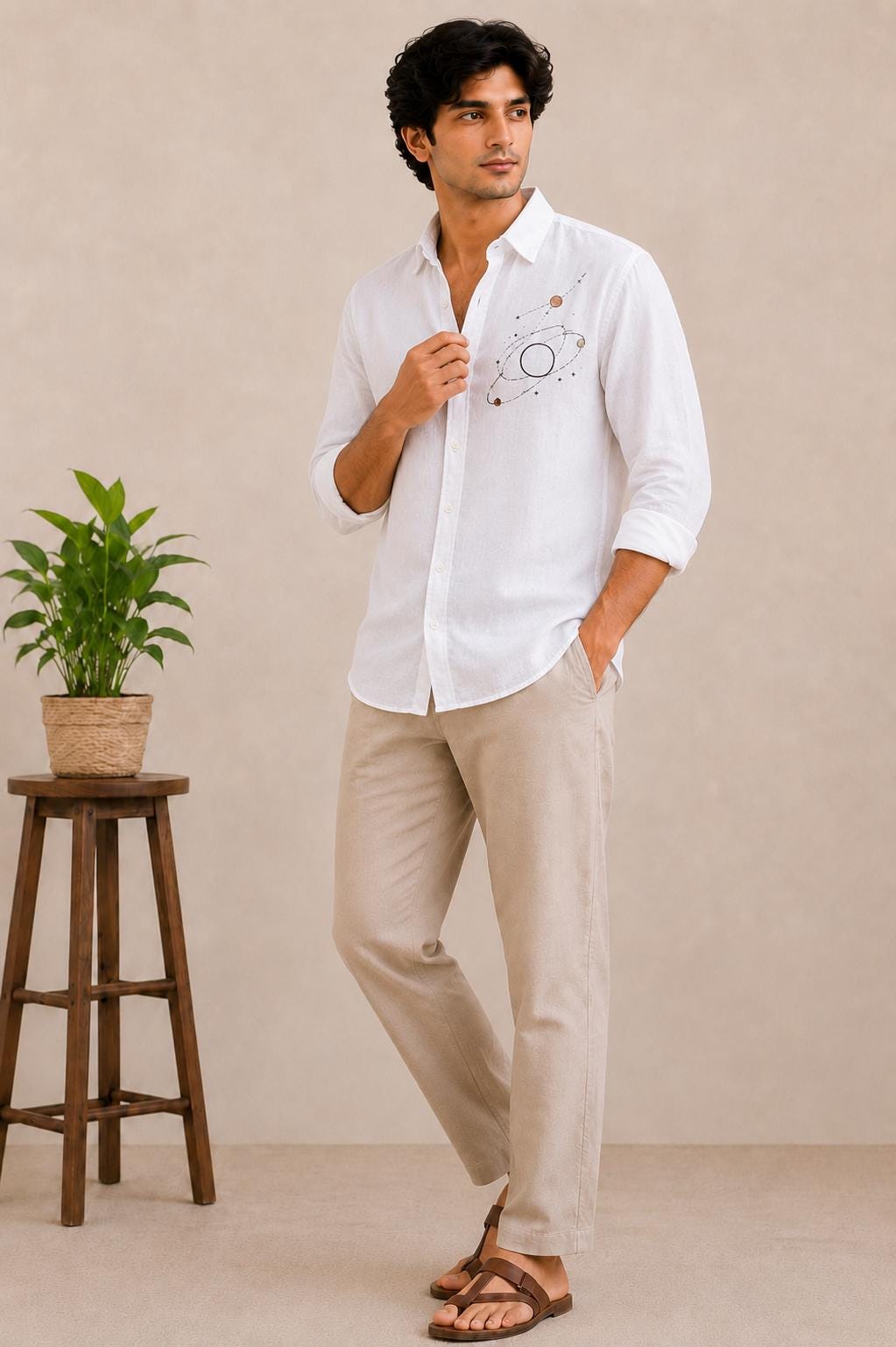 Mens White Linen Shirt, Galaxy Embroidery, Casual Button-Up, Summer Beach Wear