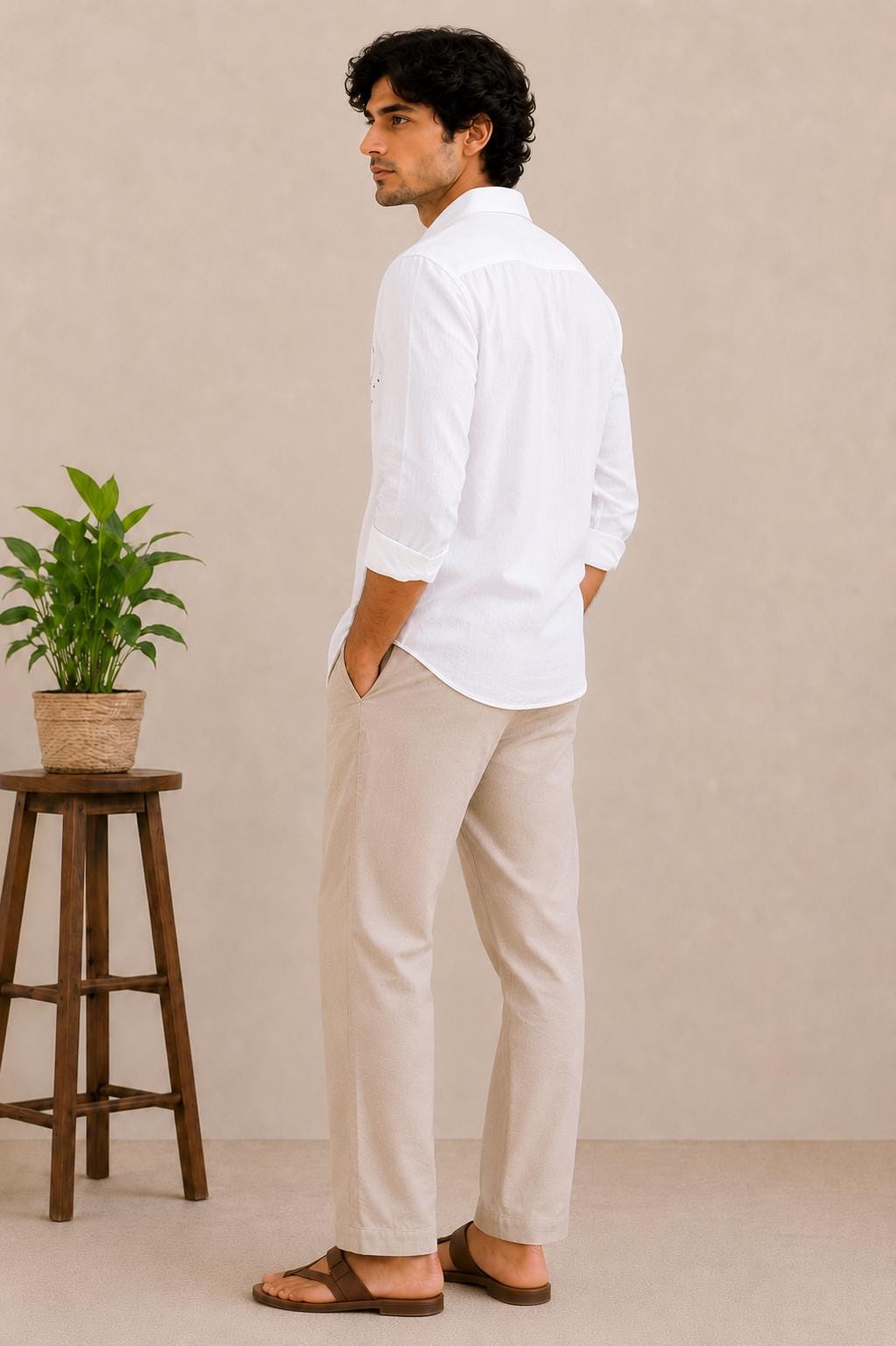 Mens White Linen Shirt, Galaxy Embroidery, Casual Button-Up, Summer Beach Wear