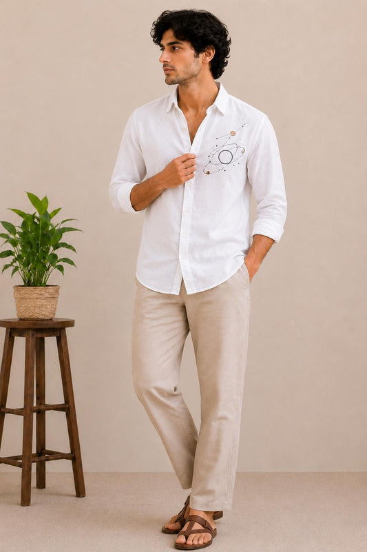 Mens White Linen Shirt, Galaxy Embroidery, Casual Button-Up, Summer Beach Wear