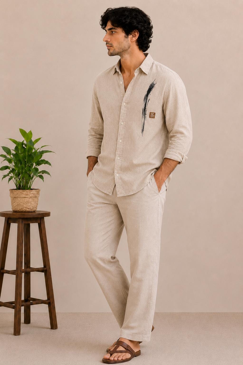 Men's Beige Linen Blend Shirt, Japanese Brush Stroke Embroidery, Casual Summer Style