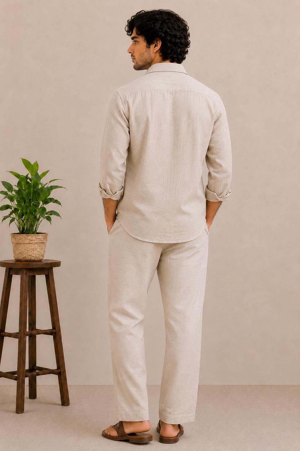 Men's Beige Linen Blend Shirt, Japanese Brush Stroke Embroidery, Casual Summer Style