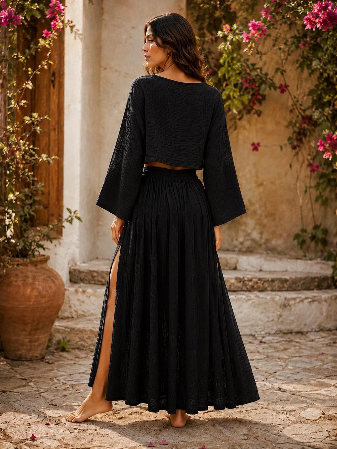 Boho Gauze Cotton Crop Top and Maxi Skirt Set, Bell Sleeve Matching Outfit