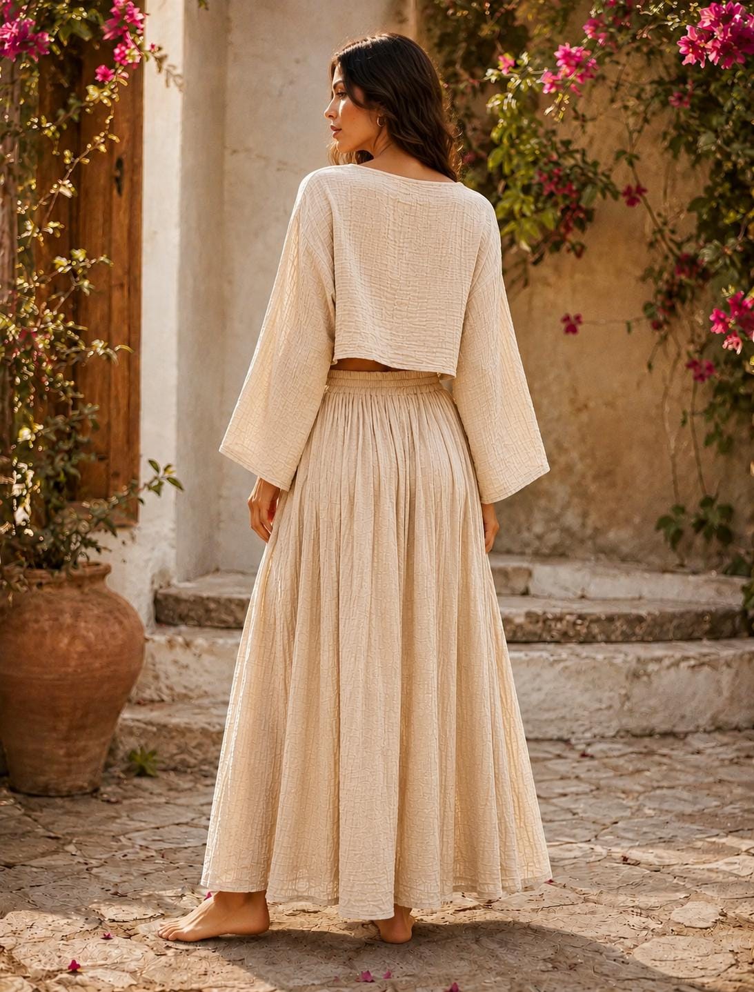 Boho Gauze Cotton Crop Top and Maxi Skirt Set, Bell Sleeve Matching Outfit