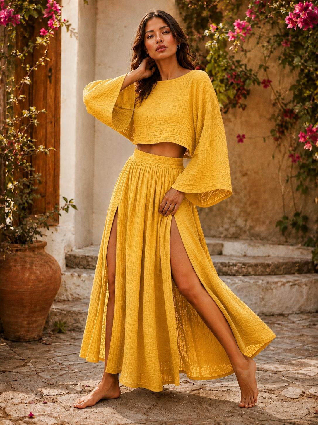Boho Gauze Cotton Crop Top and Maxi Skirt Set, Bell Sleeve Matching Outfit
