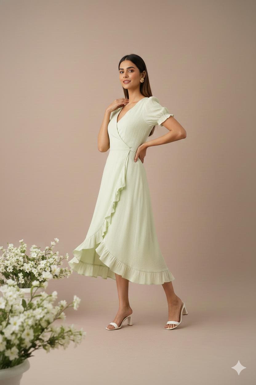 Sage Green Linen Blend Wrap Midi Dress, Puff Sleeve Ruffle Wedding Guest