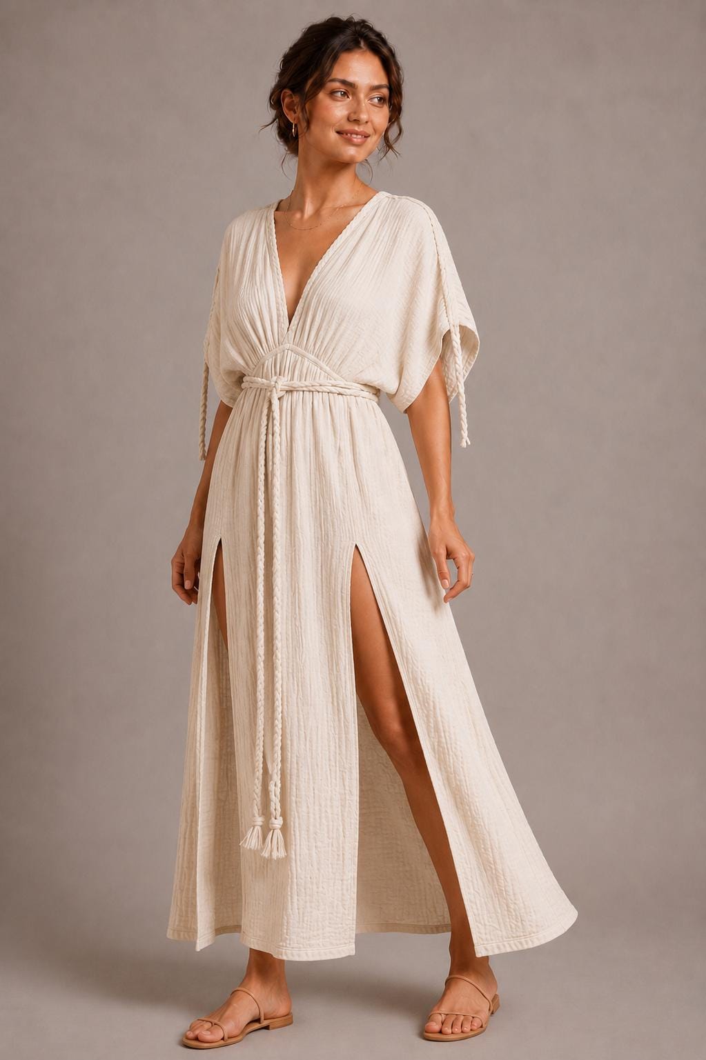 Handmade Cotton Gauze Maxi Kaftan Dress, Boho Deep V-Neck Beach Cover Up