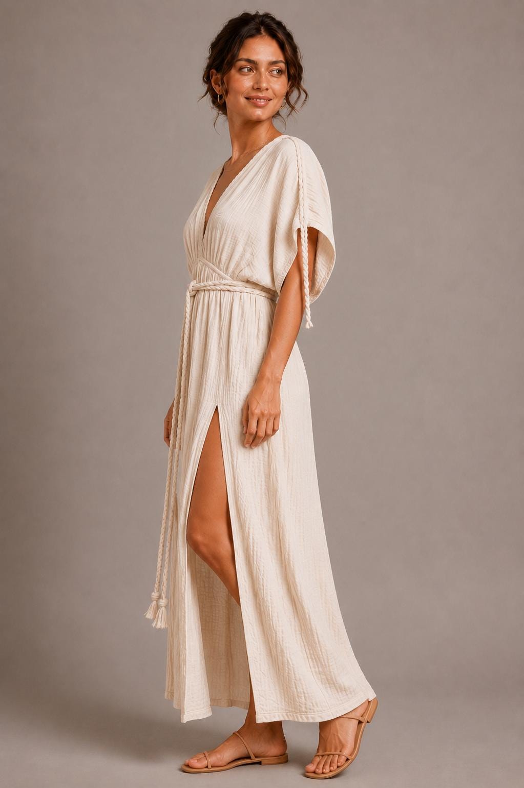 Handmade Cotton Gauze Maxi Kaftan Dress, Boho Deep V-Neck Beach Cover Up