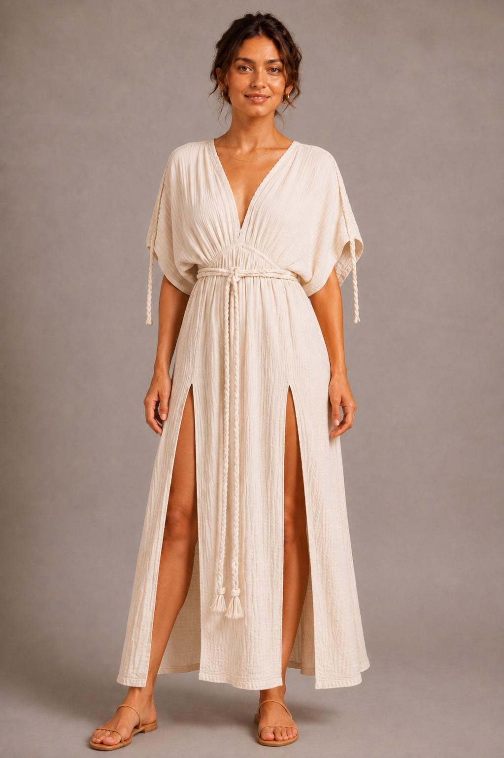 Handmade Cotton Gauze Maxi Kaftan Dress, Boho Deep V-Neck Beach Cover Up