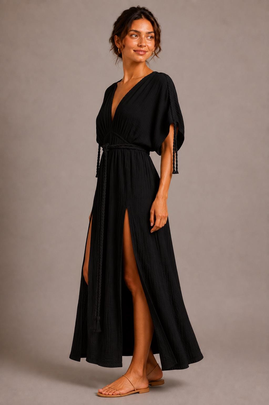 Black Cotton Gauze Kaftan Maxi Dress, Deep V-Neck, Side Slits, Boho Resort Wear