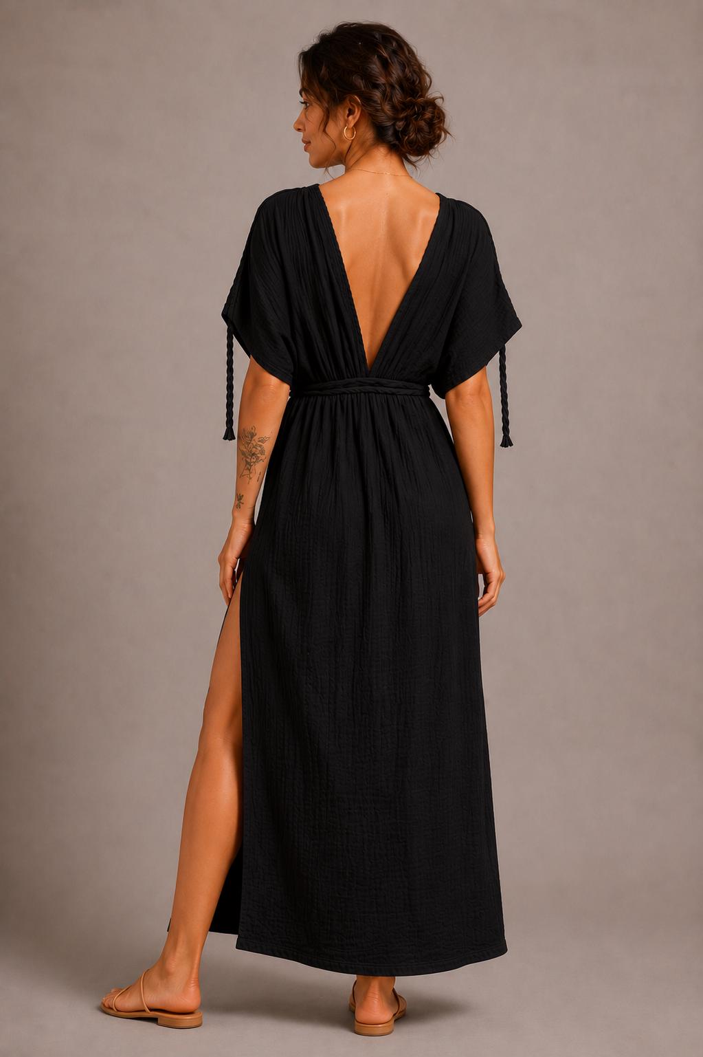 Black Cotton Gauze Kaftan Maxi Dress, Deep V-Neck, Side Slits, Boho Resort Wear