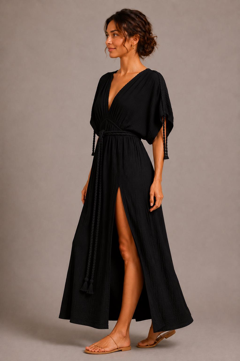 Black Cotton Gauze Kaftan Maxi Dress, Deep V-Neck, Side Slits, Boho Resort Wear