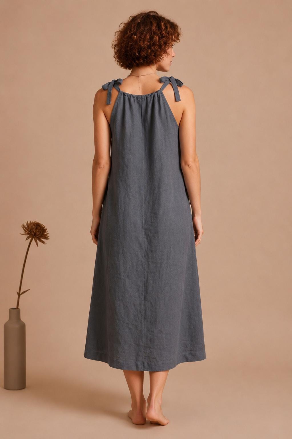 Handmade Linen Halter Midi Dress, Tie Shoulder A-Line Summer Vacation Outfit