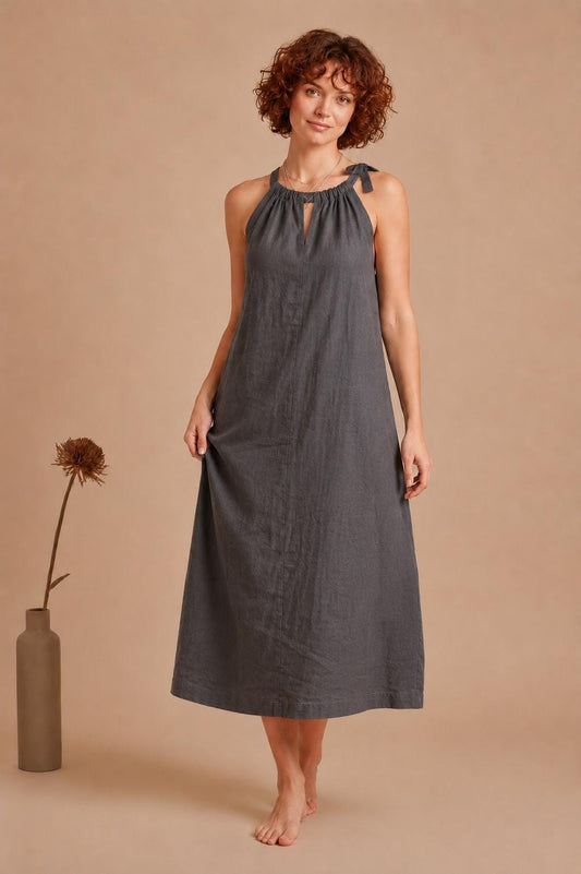 Handmade Linen Halter Midi Dress, Tie Shoulder A-Line Summer Vacation Outfit
