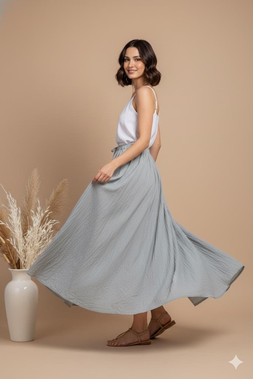 Handmade Linen Maxi Skirt, High Waist, Flowy Boho Summer Skirt with Pockets