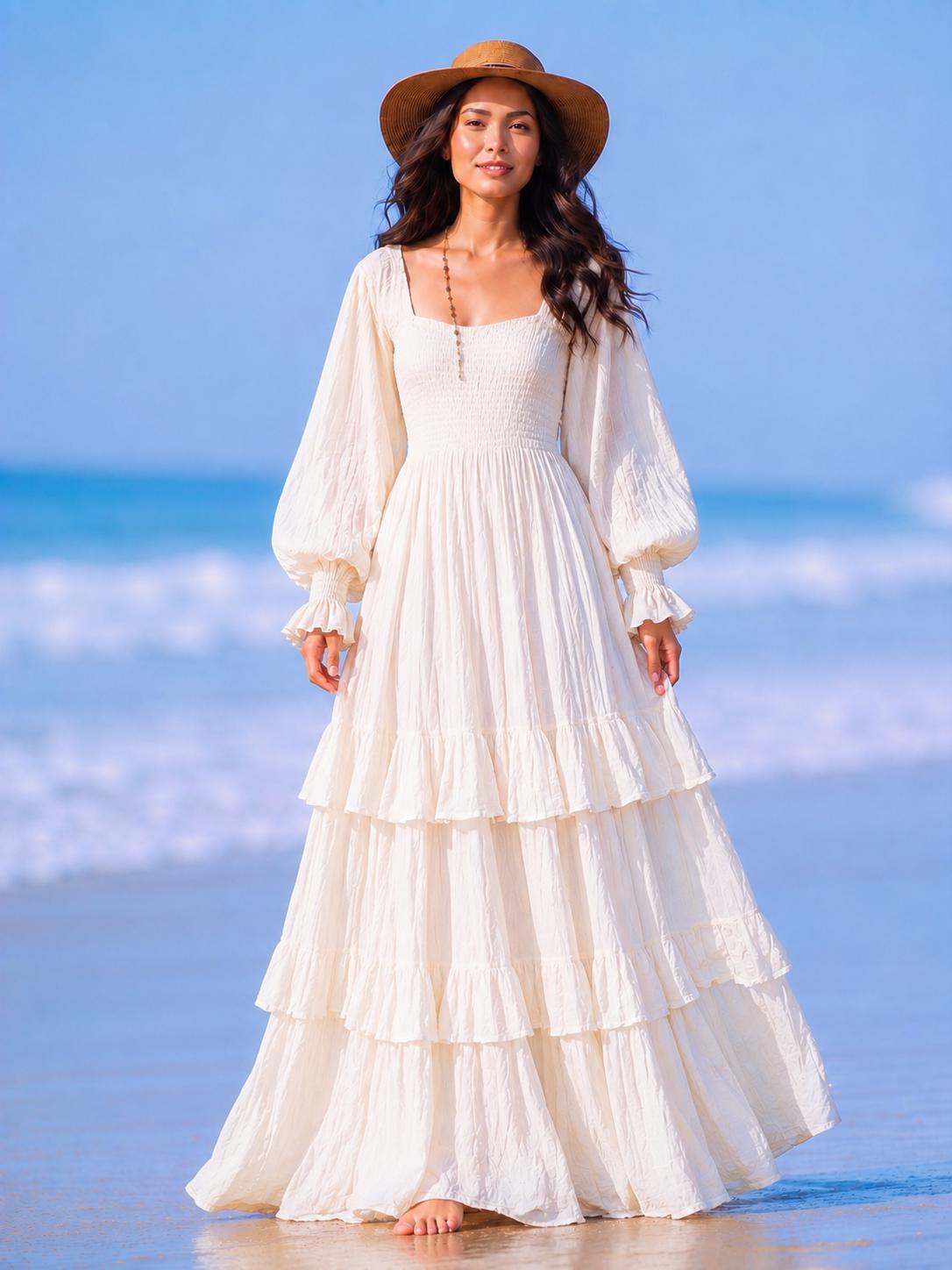 White Cotton Boho Maxi Dress, Smocked Bodice, Tiered Ruffle Skirt, Beach Wedding Style