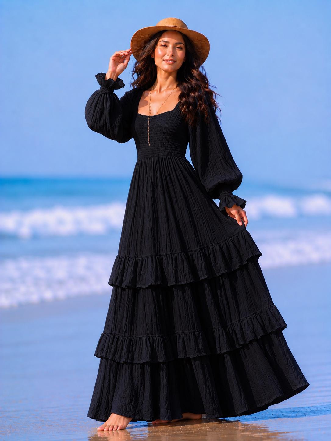 White Cotton Boho Maxi Dress, Smocked Bodice, Tiered Ruffle Skirt, Beach Wedding Style