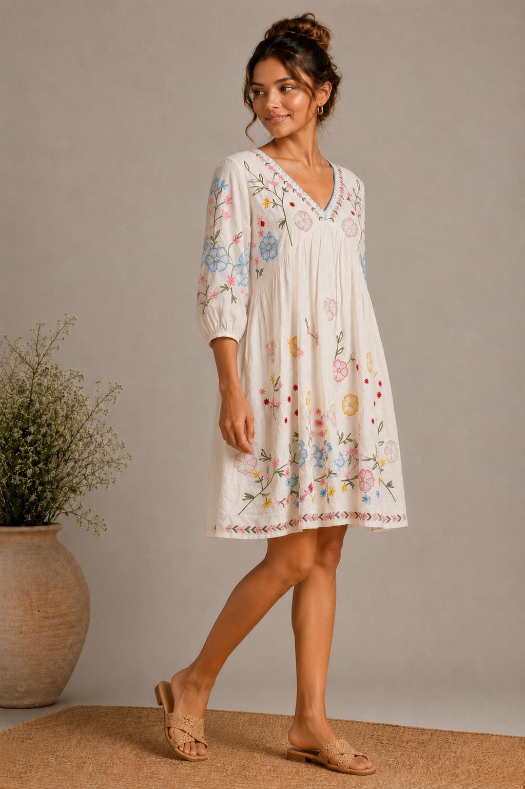Midi Dress, Colorful Floral Embroidery , Bohemian Folk Style , Loose Fit , Festival Outfit
