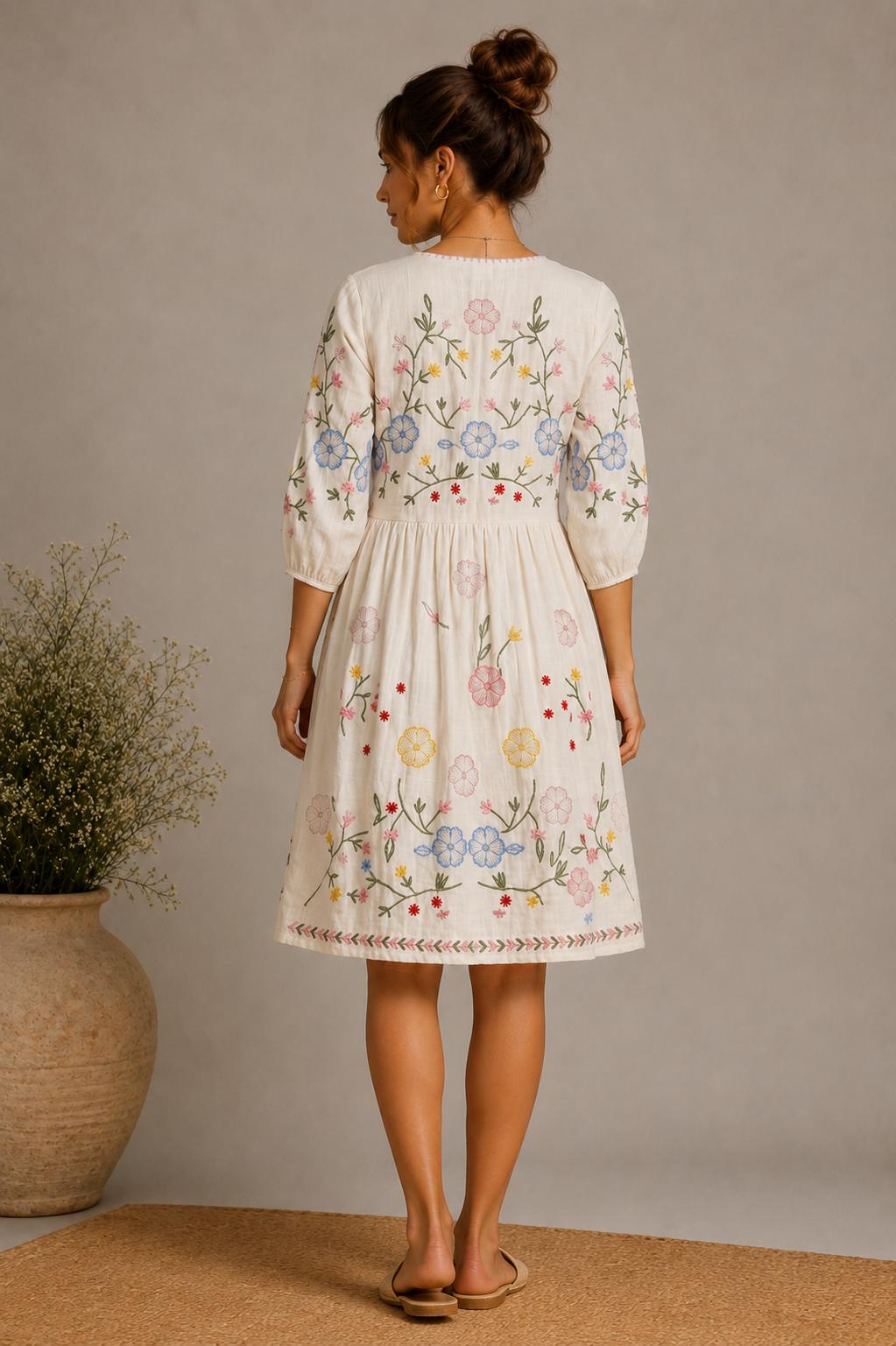 Midi Dress, Colorful Floral Embroidery , Bohemian Folk Style , Loose Fit , Festival Outfit