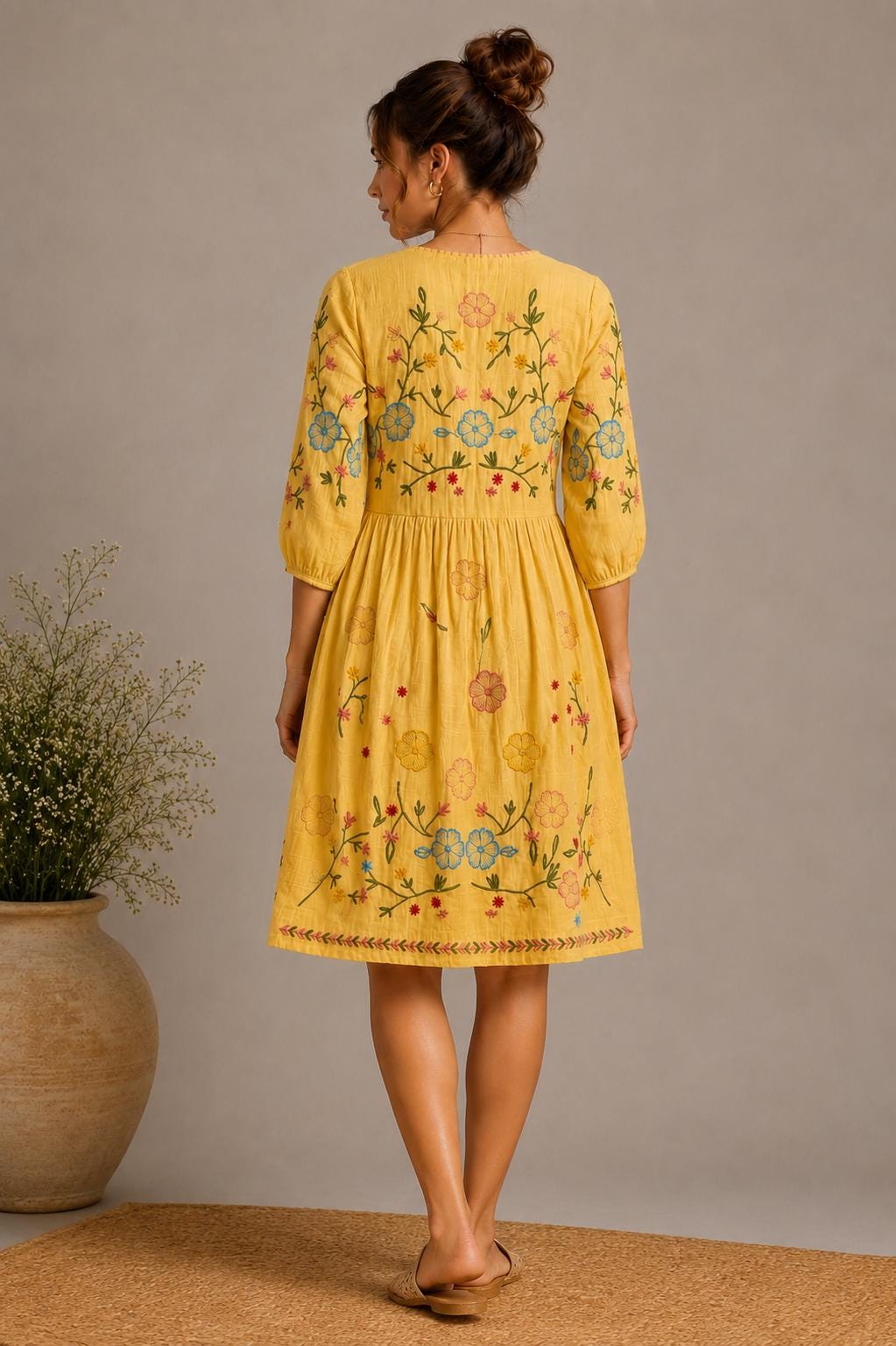 Midi Dress, Colorful Floral Embroidery , Bohemian Folk Style , Loose Fit , Festival Outfit