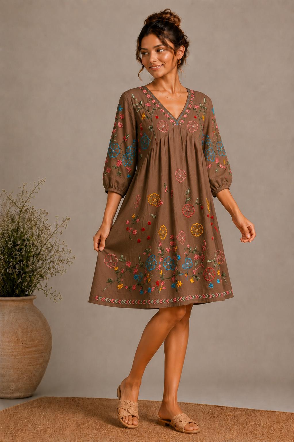 Midi Dress, Colorful Floral Embroidery , Bohemian Folk Style , Loose Fit , Festival Outfit