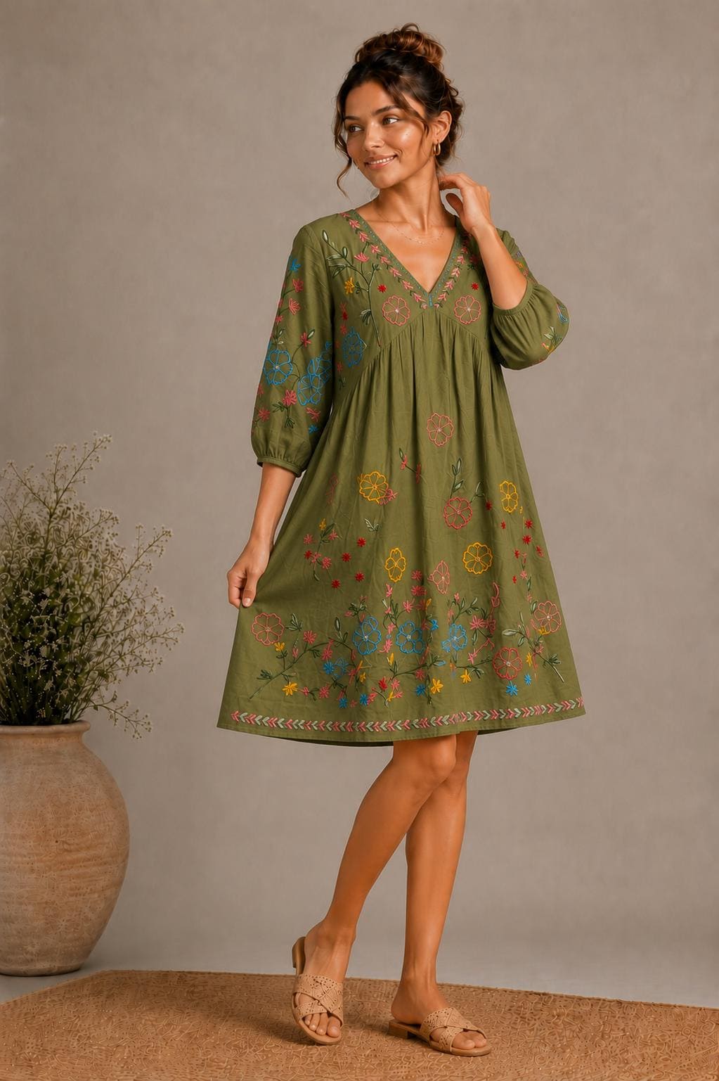Midi Dress, Colorful Floral Embroidery , Bohemian Folk Style , Loose Fit , Festival Outfit