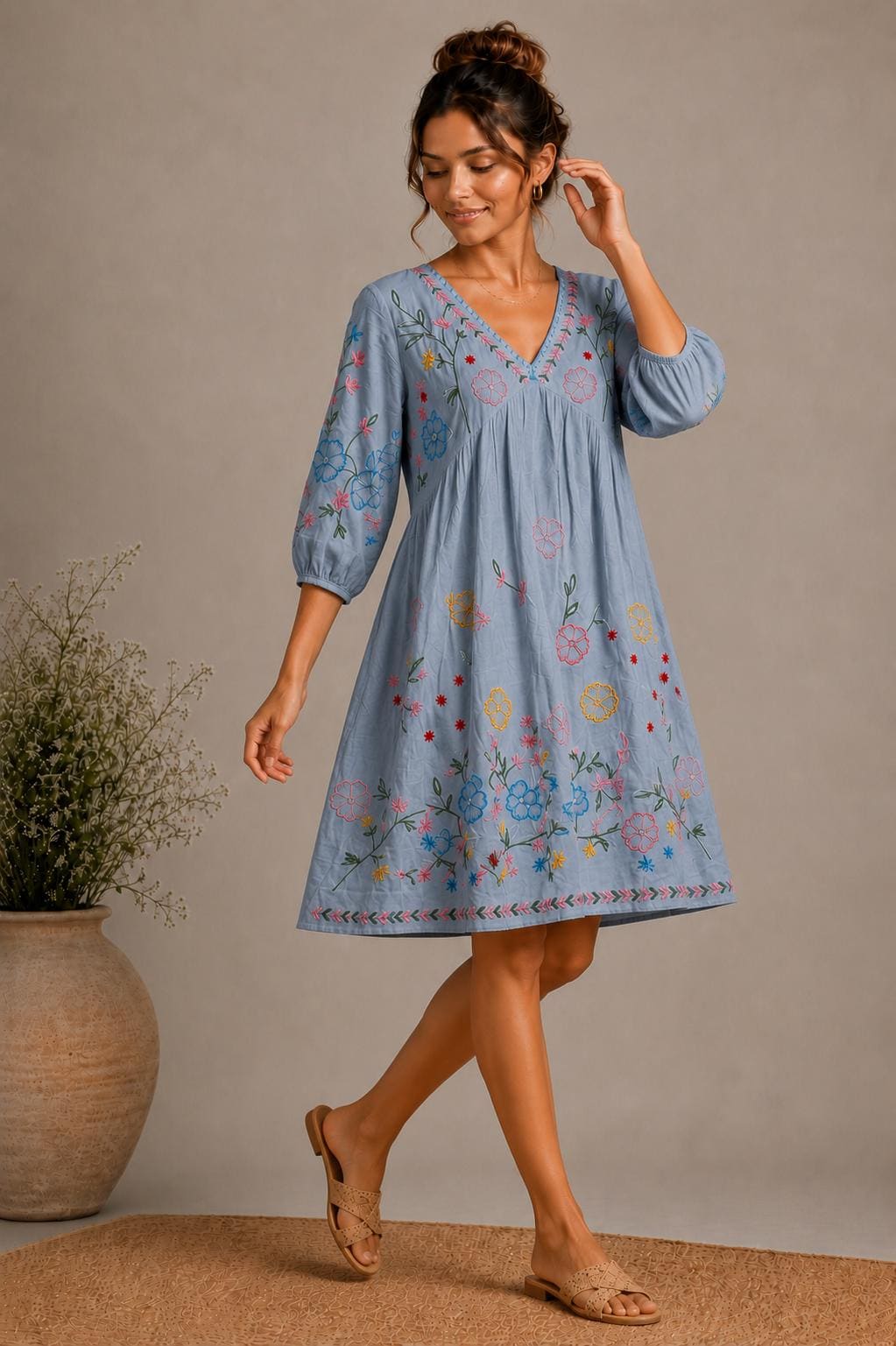Midi Dress, Colorful Floral Embroidery , Bohemian Folk Style , Loose Fit , Festival Outfit