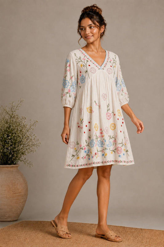 Midi Dress, Colorful Floral Embroidery , Bohemian Folk Style , Loose Fit , Festival Outfit