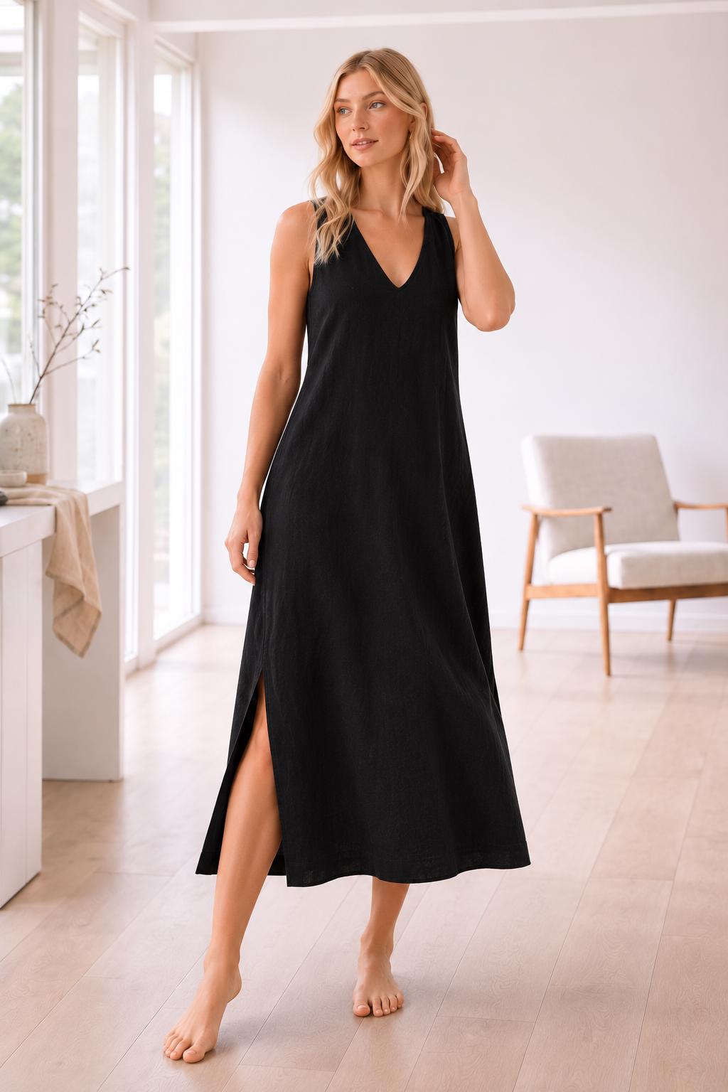 Linen Maxi Dress, Sleeveless V-Neck, Side Slit, Summer Vacation Wear