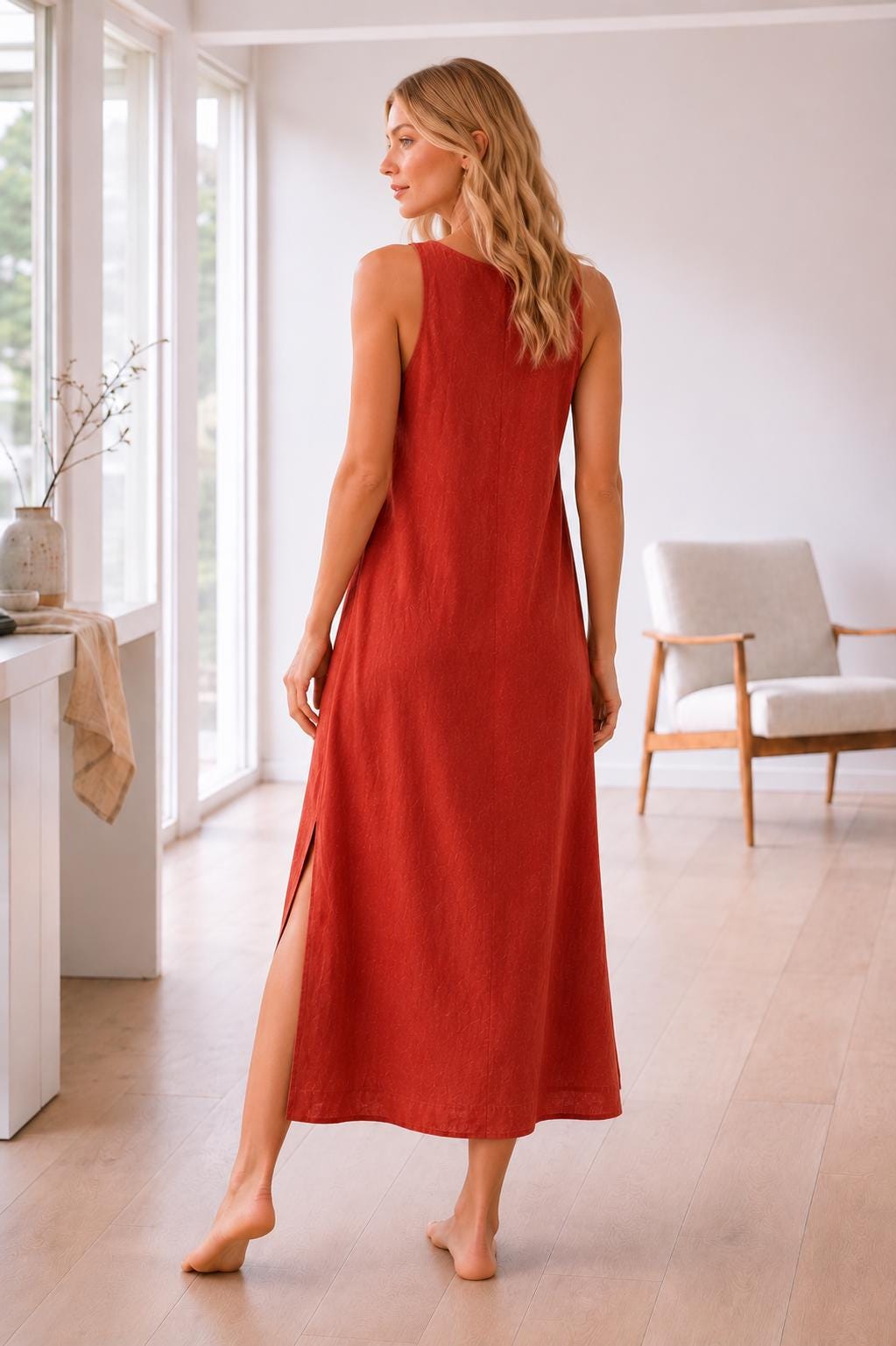 Linen Maxi Dress, Sleeveless V-Neck, Side Slit, Summer Vacation Wear